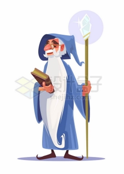 卡通白胡子魔法师拿着法杖和魔法书2376461矢量图片免抠素材