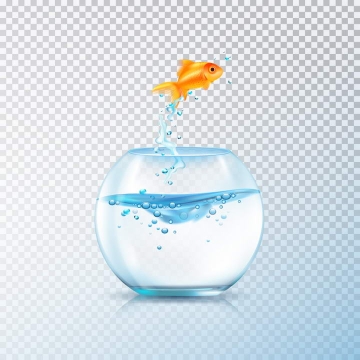 有一只金鱼跳出的球形玻璃鱼缸图片免抠素材