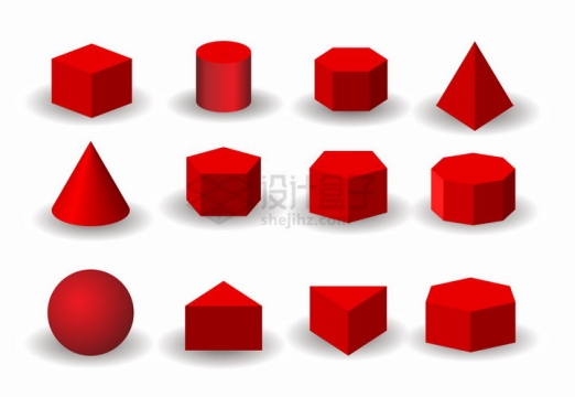 12款红色立方体圆柱体金字塔形圆球形等3D形状png图片免抠矢量素材
