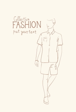 简约线条风格时尚短袖衬衫短裤休闲男装时装设计草图图片免抠矢量素材