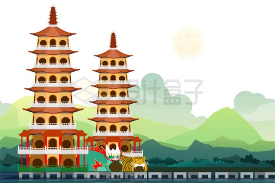 两座佛寺的佛塔古建筑插画9821096矢量图片免抠素材