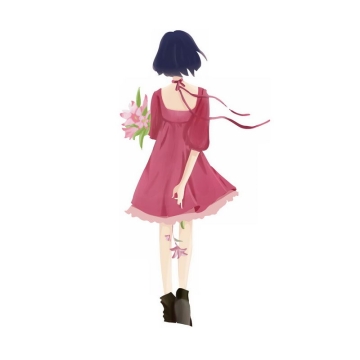 身穿红色裙子手捧鲜花的女孩背影手绘插画9362657PSD图片免抠素材