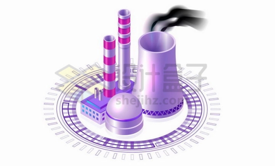 紫色圆环上的火力发电站核电站的冷却塔和烟囱png图片免抠矢量素材