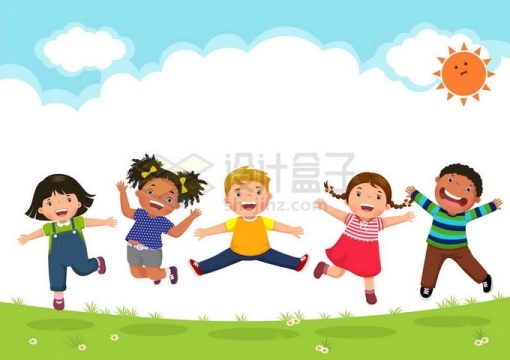 草地上的一群跳起来的卡通小朋友云朵儿童节背景图5223289矢量图片免抠素材