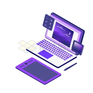 2.5D风格紫色设计师笔记本电脑Photoshop操作界面和绘图板4809920矢量图片免抠素材
