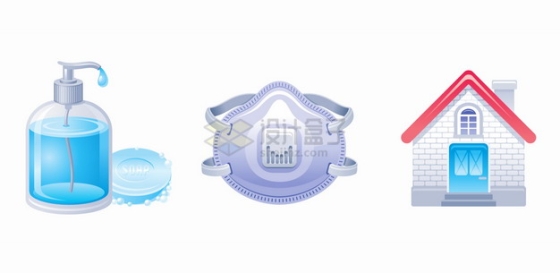 蓝色洗手液消毒液N95口罩和居家隔离新冠病毒疫情png图片素材