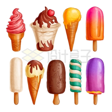 9款冰淇淋冰激凌和冰棍美味冷饮彩绘插画5467797矢量图片免抠素材