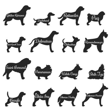 16种不同品种的宠物犬剪影图片免抠素材合集