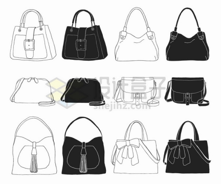 手绘素描风格6款黑白色女包手提包时尚包包png图片免抠矢量素材