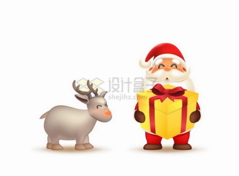 超可爱卡通圣诞老人抱着礼物和驯鹿png图片素材