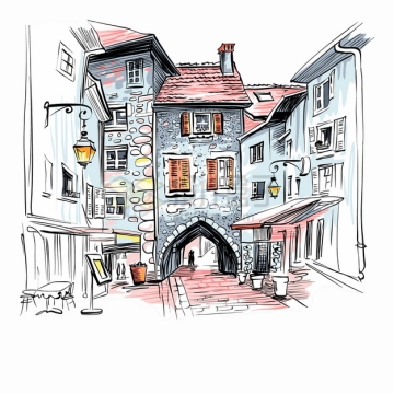 深深的巷子和拱门小镇城市风景水彩插画png图片素材