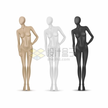 三种颜色服装店橱窗展示女性塑料模特儿撑腰衣架道具png图片素材
