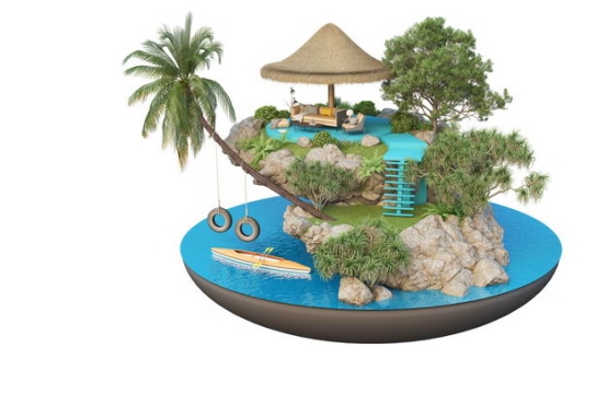 3D立体风格海边带皮划艇的旅游景点豪华别墅民宿装修效果图4306605免抠图片素材