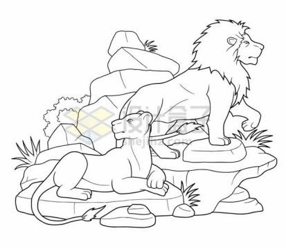 石山上的狮子雄狮线条插画简笔画png图片素材