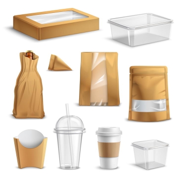 各种棕色空白包装的微波饭盒纸袋子一次性杯子等图片免抠矢量素材