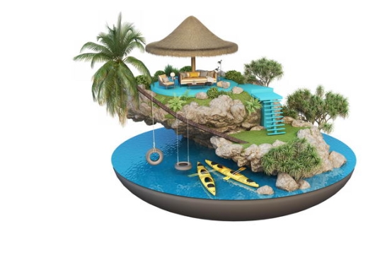 3D立体风格海边带皮划艇的旅游景点豪华别墅民宿装修效果图4151146免抠图片素材