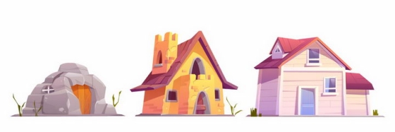 卡通漫画风格山洞砖瓦房和木头房子png图片免抠矢量素材