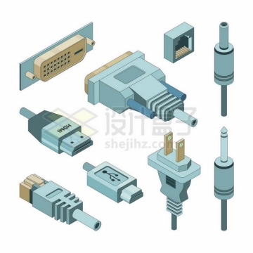 各种3D电脑接口VGA接口USB接口网线接口HDMI接口等等6822478矢量图片免抠素材