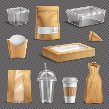 微波饭盒纸袋子一次性杯子等棕色外表的空包包装样式图片免抠矢量素材