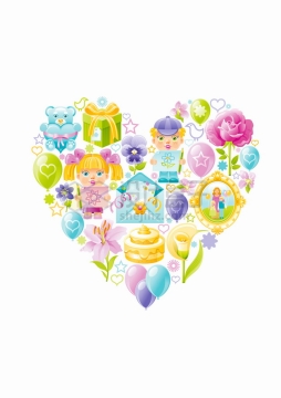 卡通礼物儿童花朵蛋糕等组成的心形符号png图片素材