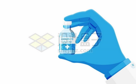 蓝色一次性医疗手套拿着一瓶新冠疫苗西林瓶6340187矢量图片免抠素材免费下载