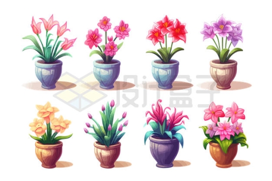 8款花盆中的彩色花朵插画9905618矢量图片免抠素材