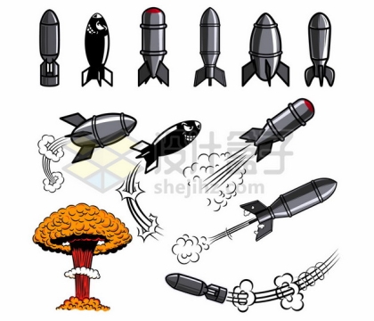 各种各样的卡通炸弹导弹核弹和漫画风格爆炸蘑菇云5968362矢量图片免抠素材