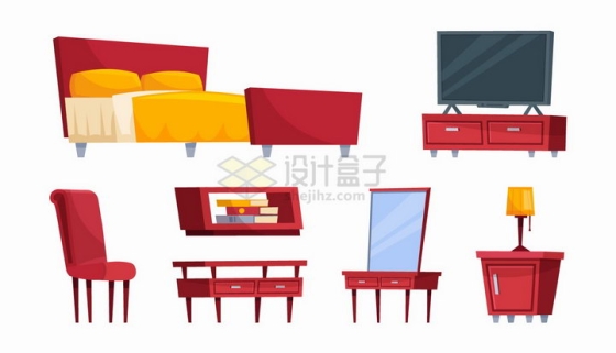 双人床电视柜椅子柜子床头柜等红色卡通家具png图片免抠矢量素材