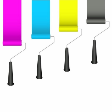 4个拖着彩色油漆涂料的CMYK颜色刷子png图片免抠eps矢量素材