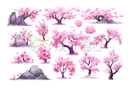 各种粉红色的花朵桃花树插画8707898矢量图片免抠素材