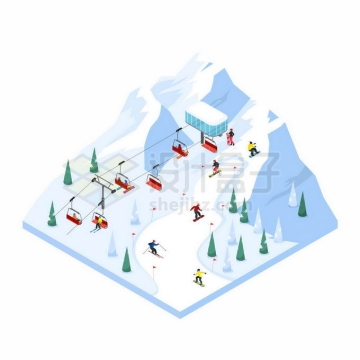 2.5D风格缆车和高山滑雪场冬天娱乐项目8158437矢量图片免抠素材