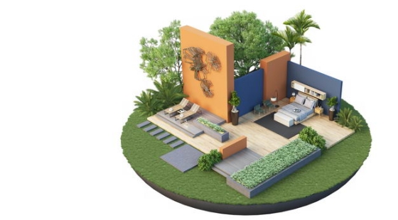 3D立体风格悬空岛豪华别墅卧室和庭院装修效果图2487436免抠图片素材