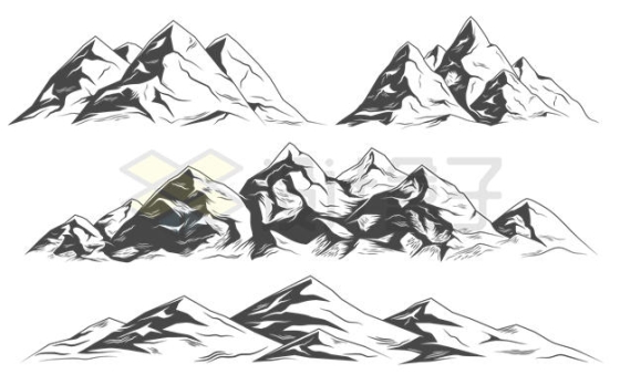 4款黑白色手绘山脉高山风景插画1457955矢量图片免抠素材