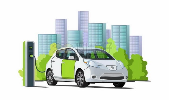远处的城市天际线和近处正在充电桩上充电的电动汽车新能源7240082矢量图片免抠素材