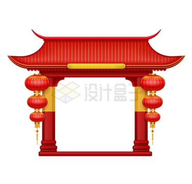 卡通风格红瓦的中国古建筑门牌楼新年春节装饰6280325矢量图片免抠素材