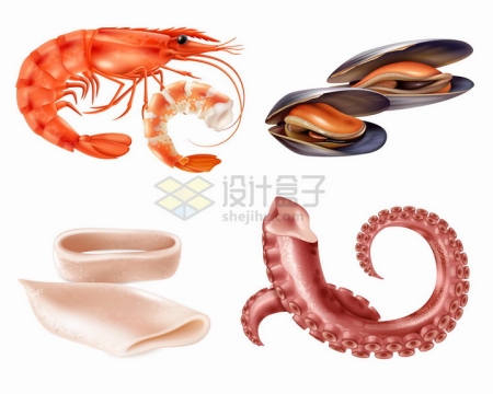 逼真的大虾贻贝鱿鱼圈和章鱼须美味海鲜海产品png图片免抠矢量素材