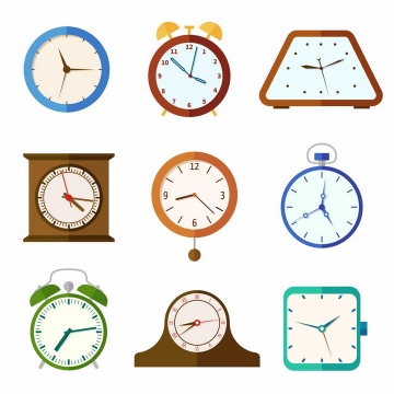 9款扁平化风格的钟表时钟挂钟闹钟png图片免抠矢量素材