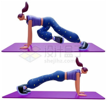 卡通女孩在瑜伽垫上锻炼身体俯卧撑3D模型5227307PSD免抠图片素材