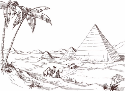 枣椰树和埃及金字塔沙漠风景速写插画463852png免抠图片素材