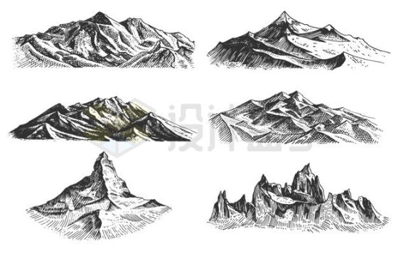 6款手绘风格黑白色山脉高山风景插画8129586矢量图片免抠素材