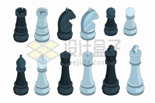 黑色和淡蓝色的2.5D国际象棋棋子png图片免抠矢量素材