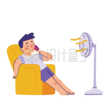 炎热夏天躺在沙发上吹电风扇吃冷饮插画7806501矢量图片免抠素材