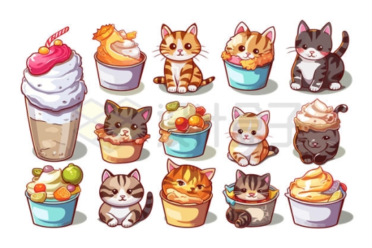 茶杯中的各种猫咪卡通图案6474621矢量图片免抠素材