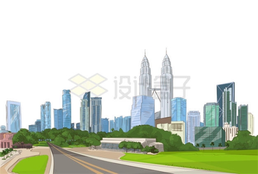 马来西亚首都吉隆坡城市天际线建筑群插画6848639矢量图片免抠素材