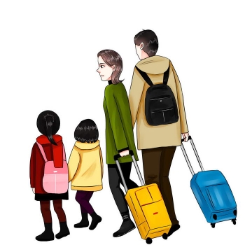 手绘插画风格一家四口拖着行李箱旅行图片免抠素材