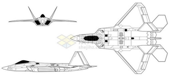 F22猛禽战斗机手绘线条三视图png免抠图片素材