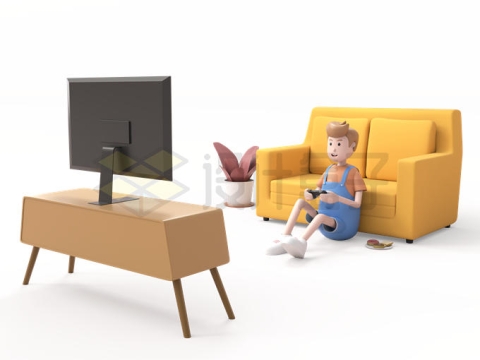 3D风格卡通男孩坐在沙发前的地上玩游戏9708611PSD免抠图片素材