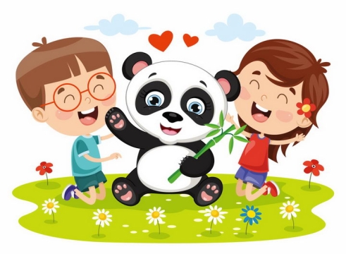 跪在草地上的卡通小朋友和熊猫png图片免抠矢量素材