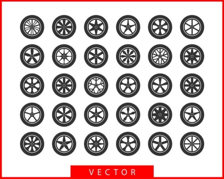 30款黑色的汽车轮胎和不同形状的轮毂图案png图片免抠矢量素材