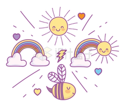 可爱的卡通太阳彩虹和蜜蜂儿童插画4007739矢量图片免抠素材